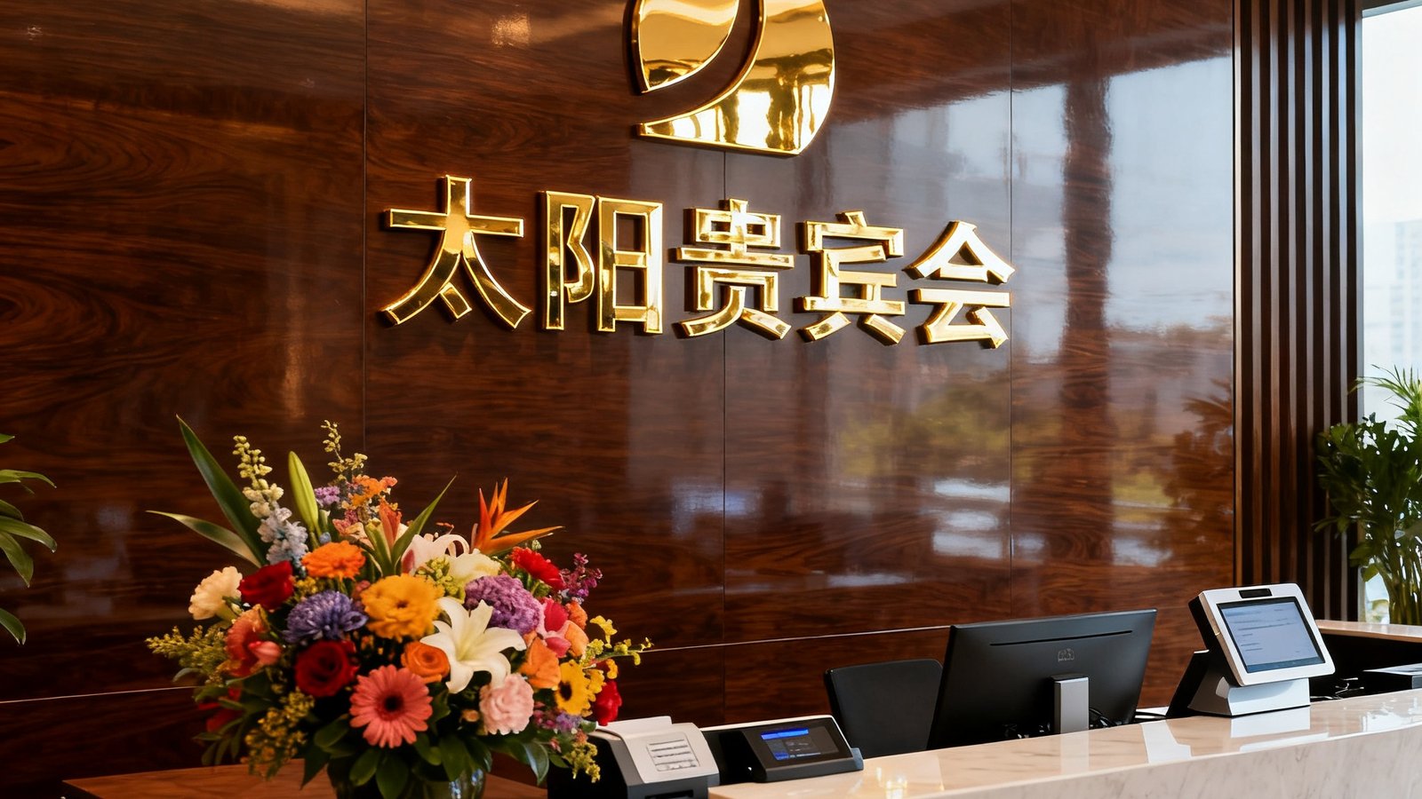 太阳贵宾会集团广州总部前台接待区，深色木质背景墙上镶嵌着金色品牌logo，前台摆放着鲜花和接待登记设备