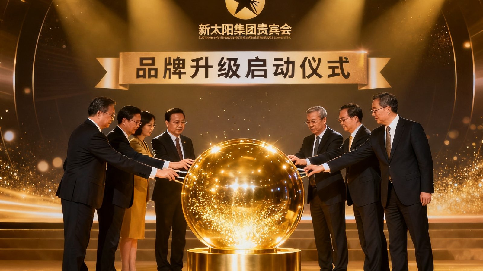 新太阳集团贵宾会品牌升级启动仪式现场，高层管理团队共同按下启动装置，金色灯光璀璨