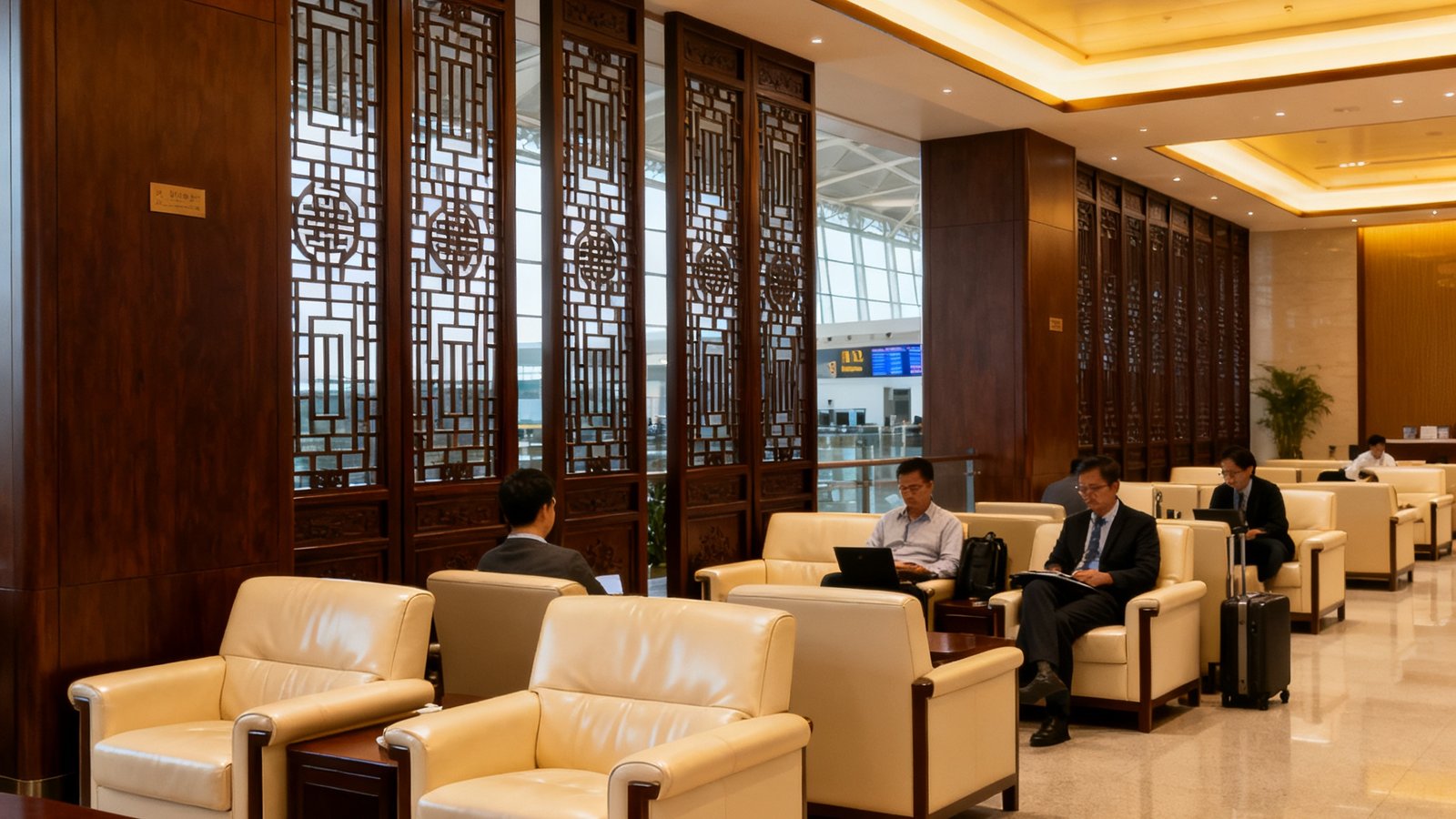 广州南站太阳贵宾会贵宾厅全景，宽敞明亮的候车空间搭配现代中式装修风格，深色木质屏风与米色皮质沙发营造出典雅的商务氛围，几位商务旅客正在安静地候车