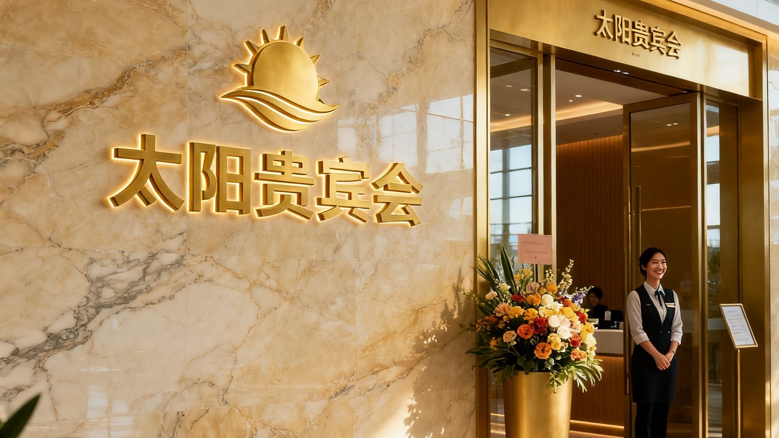 太阳贵宾会深圳北站贵宾厅入口，金色品牌标识镶嵌在大理石墙面上，入口处摆放着迎宾花艺，服务人员微笑迎候